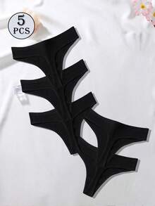 5条/包 女士性感高弹无缝丁字裤，柔软纯色低腰内裤，简约内衣 - 黑色 - 查看 3