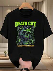 T-shirt da uomo con motivo a teschio per l'autunno, materiale di prima qualità, girocollo, vestibilità comoda, stile street hip-hop - nero - Visualizzare 2
