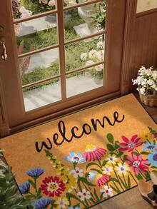 1pc Spring Colorful Floral "Welcome" Pattern Doormat, Farmhouse Style Machine Washable Polyester Fiber Mat, Suitable For Living Room, Kitchen, Bedroom, Entryway, Home Decor, Room Decor, All Season - Red - View 2
