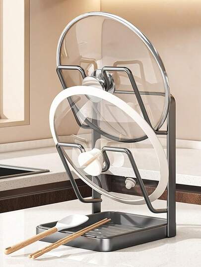 Organizer na pokrywki garnków kuchennych w kształcie litery U, wielofunkcyjny uchwyt na pokrywki ze stali nierdzewnej do montażu na blacie, z wyjmowaną tacką ociekową, do przechowywania pokrywek garnków, sztućców i drobnych przedmiotów