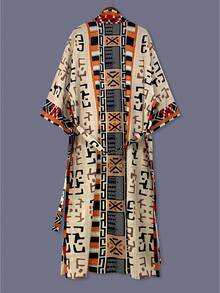 Bohemian Style Striped & Plaid Print Mid-Length Kimono Cover Up Thin Outerwear For Women, Elegant Street Casual Cover-Up, Beach Travel Holiday Robe, Dress Shawl Thin Cloak Outerwear - Apricot - View 5