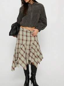 Women's Asymmetrical Plaid Midi Skirt  Y2k Retro Plaid A Line Pleated Skirt  Autumn Fashionable Flowy Maxi Skirt - 彩色 - 查看 4