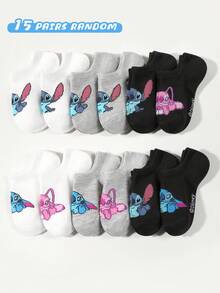 Disney 1/5/10/15双装 儿童/女孩 春夏卡通史迪奇/实验品626图案袜子，时尚、柔软、透气 运动/休闲袜，适合学生、假期、旅行、返校穿着，颜色/款式随机发货 - 彩色 - 查看 12