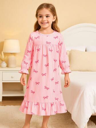 Pink Cute Bow Striped Nightgown, Ruffle Flare Sleeve Princess Dress, Girls Sleepwear