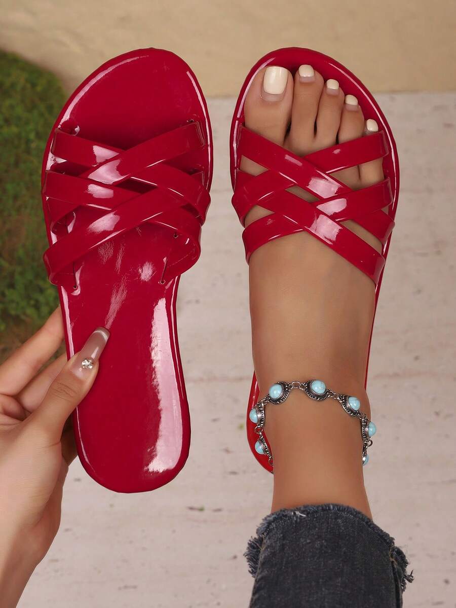 Sandalias planas para mujer, sandalias slip-on de moda, zapatos elegantes para damas, sandalias planas de gelatina para el verano - Rojo - Ver 1