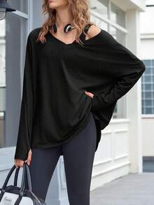 Women's Oversized V Neck Long Sleeve Workout Top Athletic Yoga Tunic Shirt With Thumb Holes - 黑色 - 查看 3