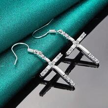 925 Sterling Silver Plated Cross Earrings, Fashion Jewelry For Women Wedding Party - Silver - View 3