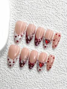 10件套情人节美甲套装，包含波点假指甲、法式按压式指甲、爱心美甲贴纸、天使美甲贴片、凝胶美甲套装，以及美甲工具（1片果冻贴纸+1把指甲锉）。三种尺寸可选：杏仁形、鸭嘴形、棺材形。适合派对、情人节、日常佩戴。手工制作的按压式指甲。 - 彩色 - 查看 11