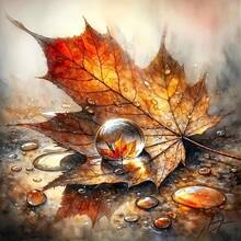 5D Round Artificial Diamond Mosaic Art Painting Kit | Frameless Diamond Art Painting Kit, Water Droplets On Maple Leaf Pattern, Gift, Canvas Material - Multicolor - View 1