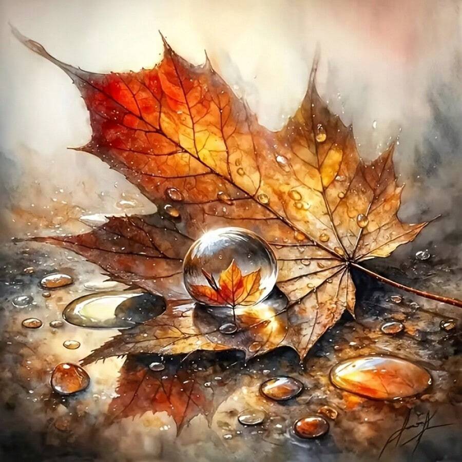 5D Round Artificial Diamond Mosaic Art Painting Kit | Frameless Diamond Art Painting Kit, Water Droplets On Maple Leaf Pattern, Gift, Canvas Material - Multicolor - View 1