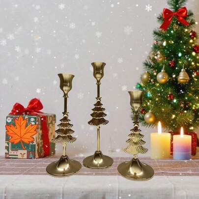 3pcs Gold Snowflake Christmas Tree Candle Holders, Elegant Metal Candle Stand For Christmas Home Decor, Party, Dining, Gift, Holiday Decoration