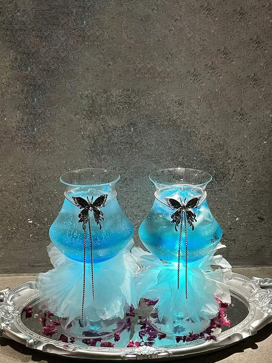 Butterfly Pendant Decor, Floral Decor, Reverse Spout Highball Glass, Party Cocktail Glass, Champagne Glass, Brandy Glass, Juice Glass, Creative Cocktail Glass. Exquisite Personalized Wine Glass Set, Unique Wine Glass. Suitable For Parties, Valentine's Day, Birthdays, Wedding Celebrations. - Multicolor - View 1