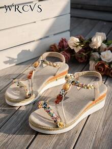 WRCVS Sandalias de plataforma con cuña de verano para mujer, con tiras tejidas en beige, suelas tejidas a mano con cuentas, patrones florales aleatorios, estilo bohemio ligero y elevado para uso al aire libre, esencial para viajes - Beis - Ver 6