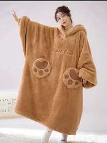 女士棕熊毛绒睡袍，舒适冬季连帽睡衣，熊脸图案，可爱卡通浴袍，柔软毛绒材质，长袖带口袋，休闲家居服，室内装饰，熊图案服装，可作毯子使用，舒适家居服，趣味设计，毛绒材质，成人款睡袍，家居服套装，适合新年，冬季礼物 - 彩色 - 查看 9