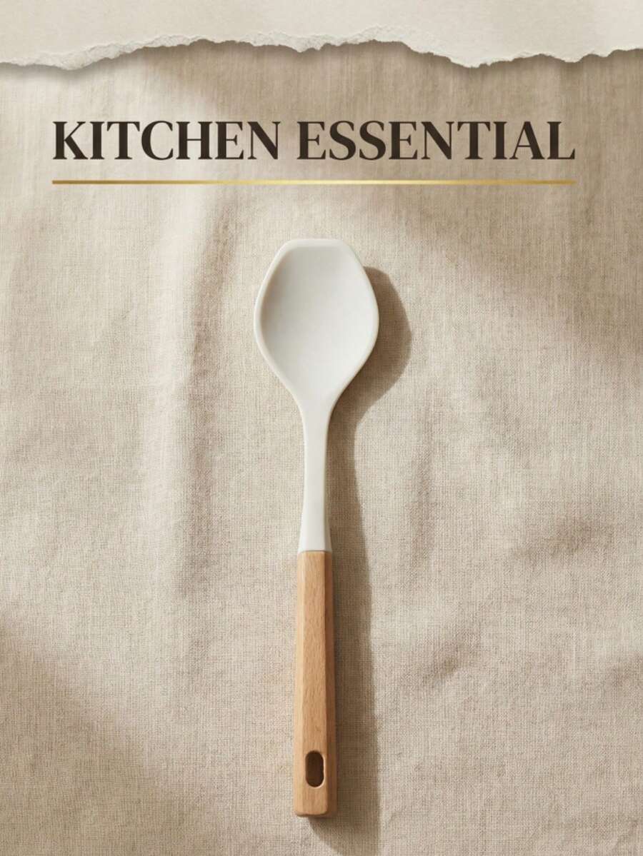 This White Silicone Flat-Head Soup Spoon Has A Soft Surface That Won't Scratch Cookware. It's Suitable For Serving Soup, Porridge, And Rice. The Spoon Is Made Of Silicone With A Wooden Handle That Feels Warm To The Touch And Won't Get Hot. The Bottom Of The Spoon Has A Hanging Hole For Easy Storage, Making It A Practical Tool For Daily Cooking And Serving In The Kitchen. - Multicolor - View 1