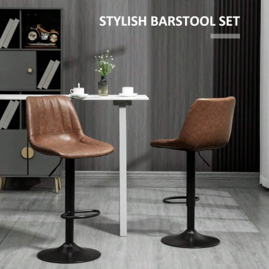 Homcom Set Of Two Bar Stools, Height-Adjustable Bistro Stools In Faux Leather With Brown Steel Footrests For Kitchen And Bar - Brown - View 1