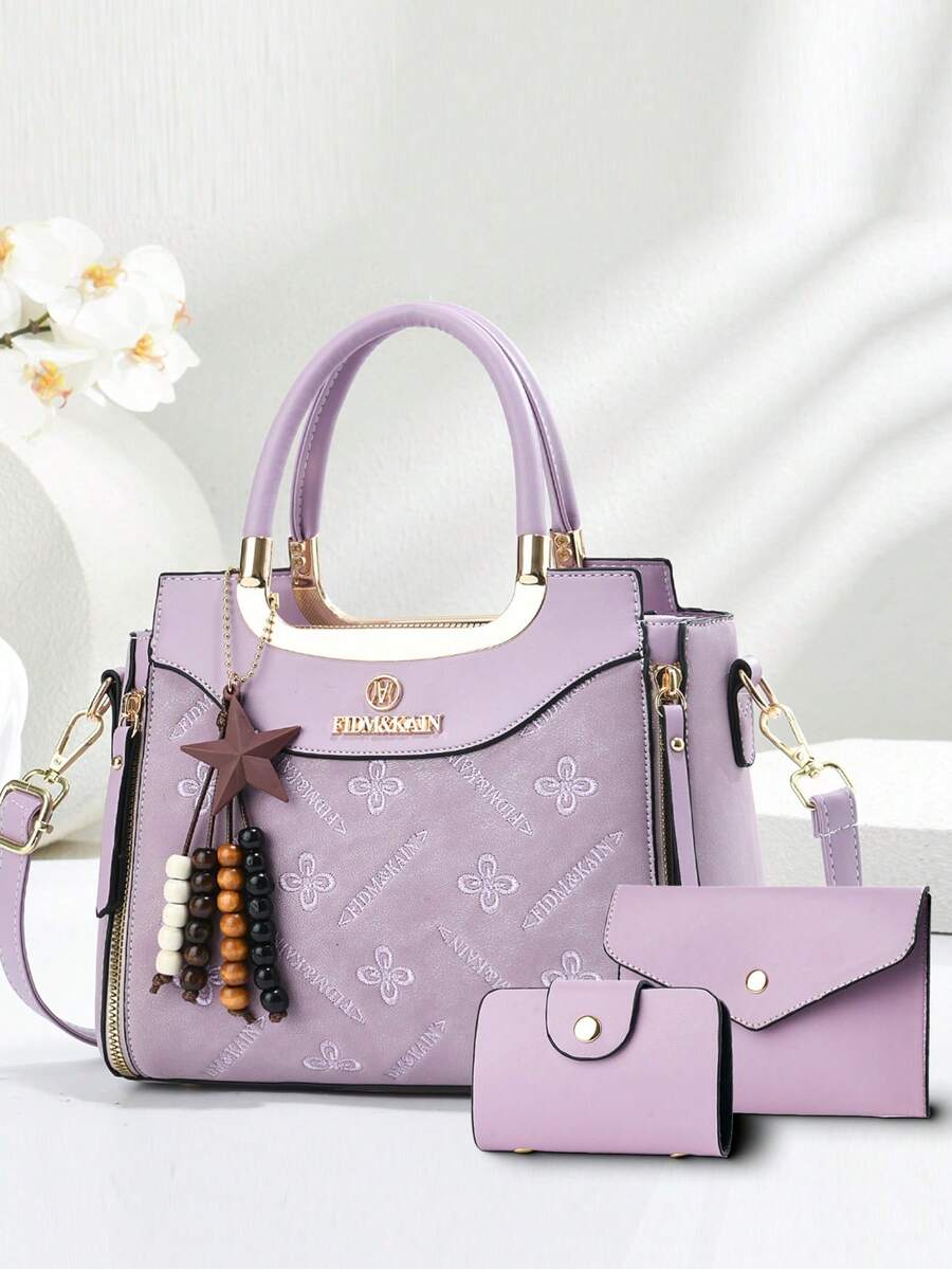 3pcs Women's Bag Set, Including Shoulder Bag, Fashionable Handbag With Unique Printed Design, Suitable For Shopping And Outings - Mauve Purple - View 1