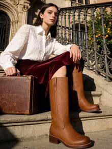 Women's Pull On Vintage Campus-Inspired Cowboy Boots Squared Toe Western Knee High Boots Fashionable Stacked Low Heels Booties - 棕色 - 查看 7