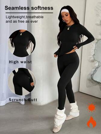 FWH Round Neck Slim-Fit Long Sleeve Top & High-Waisted Tummy Control Leggings For Warmth, Butt Lifting And Leg Slimming,Thermal Lined Slimming Top & High-Waist Leggings For All-Day Warmth, Tummy Control And A Lifted Look,The Cozy Sculpting Set,Women's 2 Pieces Thermal Lined Set