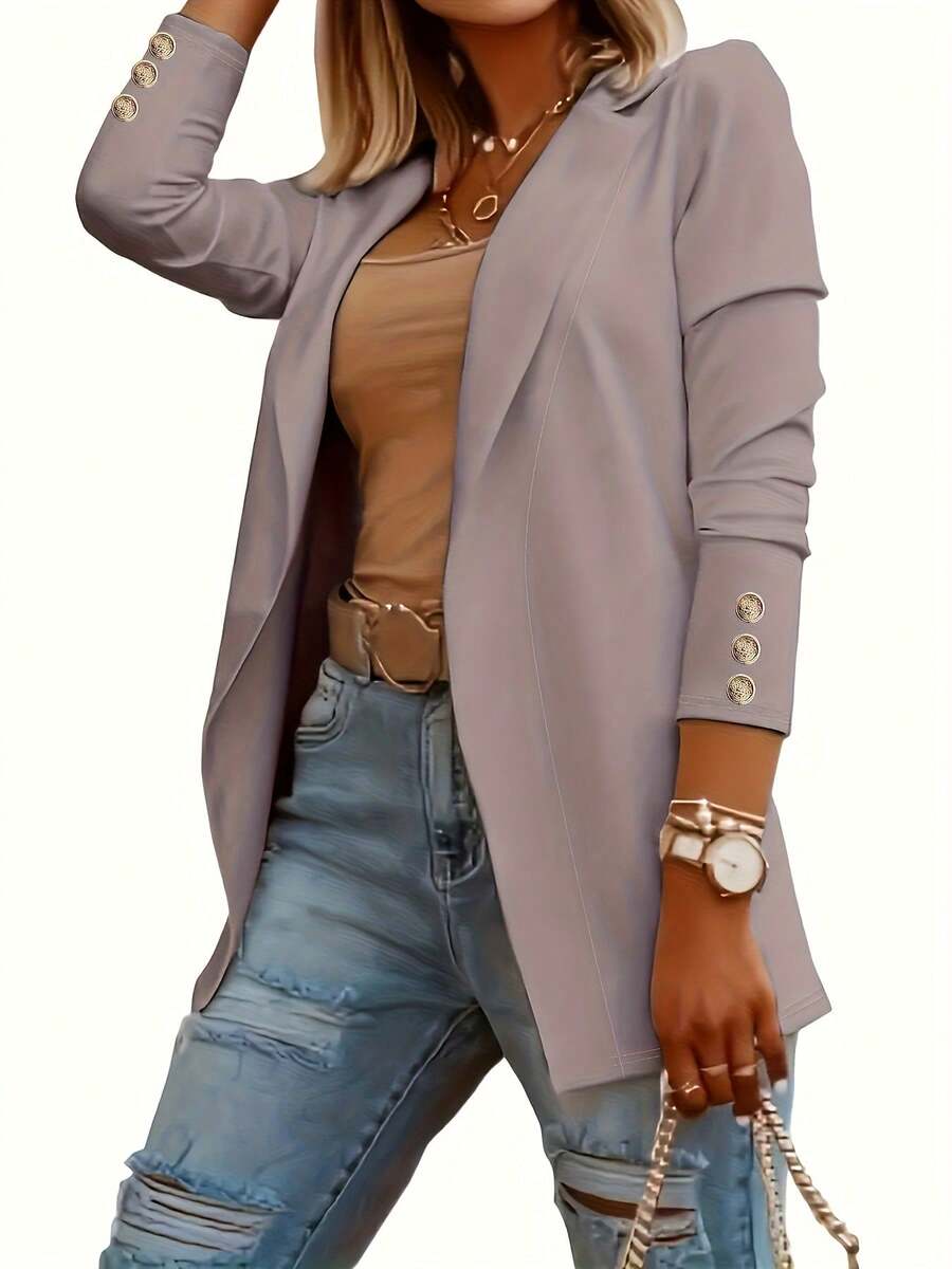 Longline Button-Cuff Blazer - Versatile Solid Hue Office & Casual Jacket Chic Tailored Blazer With Decorative Cuff Buttons - Relaxed Longline Fit Modern Solid Color Blazer,Solid Color Blazer,Long Sleeve Button Cuff Blazer,Oversized Casual Blazer,Yellow/Blue/White Solid Blazer,Single-Breasted Button Cuff Blazer, Chic Plain Blazer For Women,,Y2k Solid Color Blazer,Relaxed Fit Blazer,Versatile Solid Blazer Jacket - 灰色 - 查看 1
