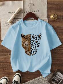 1pc Girls Casual Leopard Print & Letter Graphic Round Neck Short Sleeve T-Shirt, Summer Student Wear - Inspiring Imagination And Self-Expression - Baby Blue - View 4