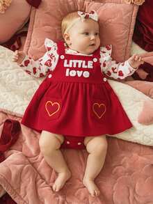 Valentine's Day Baby Girls 3 Piece Outfit Long Sleeve O Neck Bow Heart Print Jumpsuit And Headband Dress Set - 紅色 - 查看 3