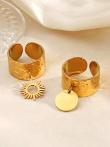 2 pièces/set Bagues géométriques en cercle plaquées or 18 carats en acier inoxydable, convient pour le port quotidien des femmes - Multicolore - Voir 1