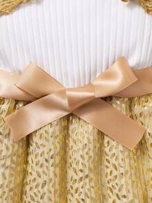 女童无袖针织连衣裙，金色撞色设计，荷叶边装饰，腰带和网纱拼接，夏季款 - 金色 - 查看 5