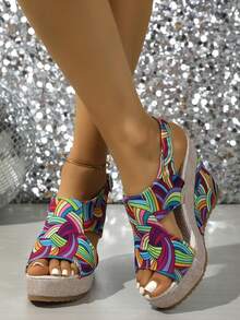 Dép xăng đan nữ đế xuồng dày in họa tiết cầu vồng kiểu Bohemian hở mũi, tăng chiều cao, chống trơn trượt, mẫu mới xuân hè 2025, dép lê đa năng ngoài trời, giày thời trang gợi cảm, dép đi biển phối màu, dép thoải mái hở mũi in họa tiết tăng chiều cao cho người thấp bé, giày dự tiệc, lễ hội. - Màu xanh hải quân - Xem 5