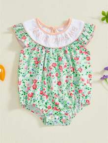Baby Girl Easter Romper Floral Letter Flying Sleeve Crewneck Jumpsuit Cute Summer Spring Clothes - Verde - Ver 1