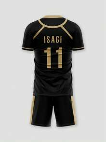 2件装蓝色锁扣图案动漫混搭足球球衣，动漫足球球衣，凯撒服装，动漫礼物。新年礼物，印花图案，空白设计，日常训练。 - 紅木色 - 查看 4