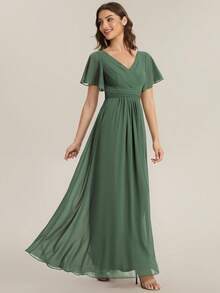Elegant Chiffon V Neck Long Bridesmaid Dress With Short Flutter Sleeves And Ruched Waist Slit - Olive Green - View 3