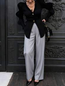 Women's New Black V-Neck Asymmetric Metal Button Wave Long Sleeve Asymmetric Hem Striped Textured Sexy Casual Office Knit Sweater, Autumn/Winter - Black - View 4