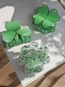 1个圣帕特里克节闪亮三叶草发夹，适合女性和女孩，绿色四叶草醋酸纤维发爪，小巧发夹，可爱圣帕特里克节女孩发饰，女士发爪夹，时尚发夹，女士发饰 - 綠色 - 查看 14