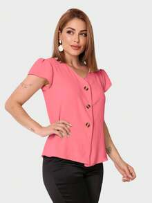 Women's Short-Sleeved Blouse/Shirt In Duna Fabric With Buttons, New 2025, European And American Style. - Watermelon Pink - View 2