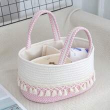 1pc Handmade Large Baby Diaper Basket, Toy Storage Bin, Woven Divided Portable Tote With Tassels - Multicolor - View 9