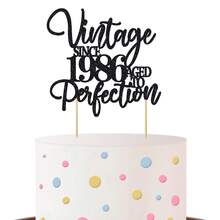 1Pc Black Glitter "Vintage Since 1986 Aged To Perfection" Cake Topper, 40th Birthday Milestone Party Decoration, Retro & Unique Custom Year Supplies - Multicolor - View 8