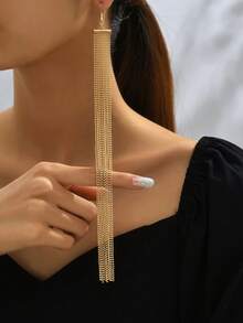 1 Pair Fashionable Minimalist Versatile Ball Chain Tassel Long Earrings, Suitable For Women's Daily Wear - Yellow Gold - View 4