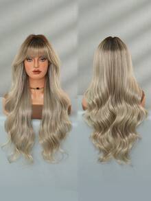 NICKY WALL 银黑色发根长款波浪卷假发，蓬松自然卷发带刘海，时尚合成耐热纤维假发，适合女孩角色扮演、派对、日常佩戴，28英寸 - 銀色 - 查看 6