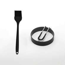2pcs (1pc Stainless Steel Egg Rings With Silicone Handle+1pc Silicone Oil Brush) - Non-Stick Round Egg Molds For Breakfast & Pancakes - Home & Commercial Kitchen Cooking Tools - 430 Stainless Easy Clean Egg Cooker Moulds - Black - View 1