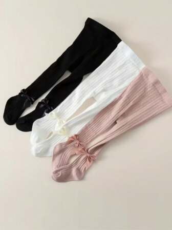 3 Pairs Bow Decor Warm Tight Leggings For Kids, Autumn/Winter