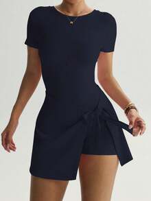 2 pièces Ensemble robe de sport élégante à dos nu avec nœud décoratif, polyvalent pour l'été - Multicolore - Voir 5