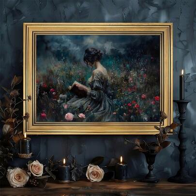 1pc 2D Flat Retro Victoria Canvas Art Poster - Elegant Reading Lady With Wildflowers, Frameless, Deep And Elegant Wall Art Decoration, Perfect Gift For Home Or Office, Mural Decoration