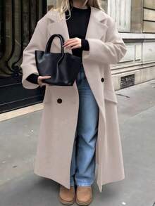 Women's Long Sleeve Solid Color Pocket Windbreaker Double-Breasted Woolen Coat, Country Style For Women, Winter Clothes For Women - Beige - View 8