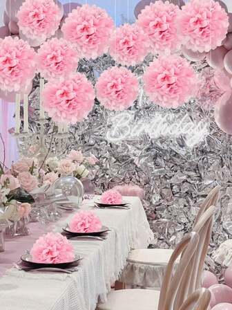 Pink Tissue Paper Pom Pom Party Decorations, Hanging Tissue Paper Flower Balls, Valentine's Day Party Decor Paper Flower Balls, Suitable For Wedding, Birthday Party, Bridal Shower, Bachelorette Party Decorations