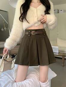 New Autumn/Winter High Waist A-Line Pleated Wool Blend Mini Skirt With Belt - Coffee Brown - View 2