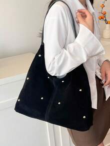 新款时尚手提包，性感女孩风格托特包，铆钉包，女士通勤个性化天鹅绒斜挎包 - 黑色 - 查看 8