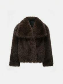 Seelio Autumn/Winter New Thick Faux Fur Collar Faux Fur Lined Mid-Length Fashionable Fur Effect Short Coat - Brown Green - View 2