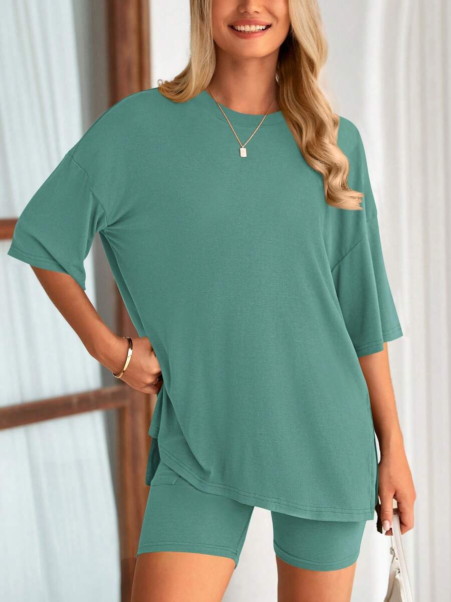 PRETTYGARDEN Women's Summer Clothes 2 Piece Sets Lounge Set Casual Oversized Shirts Biker Shorts Matching Airport Travel Sweatsuit Set Women Vacation Outfit Fruit Green Summer Brunch Outfits For Women - 果綠色 - 查看 1