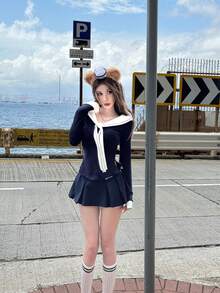 New Women Elastic Knit Long Sleeve Top, Slim Fit Flattering Collegiate Chic Autumn Basic Fitted T-Shirt Camisole - Royal Blue - View 3